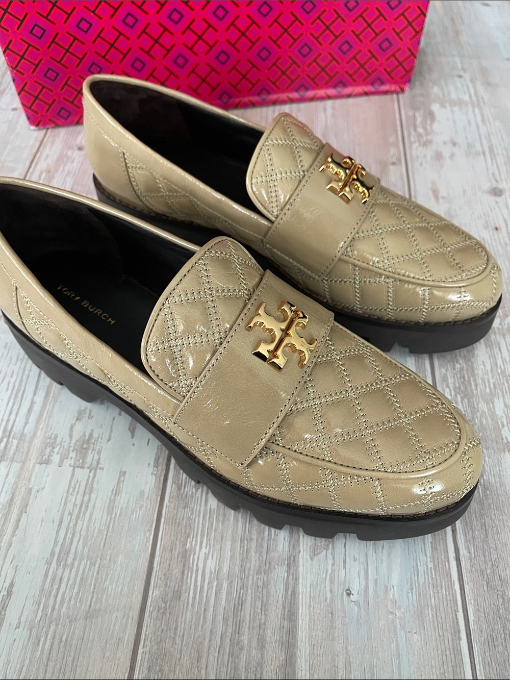 $685 NEW Tory Burch Mini Every Chunky Loafer Size 8.5 Beige Nude Quilted TB logo - Picture 11 of 16